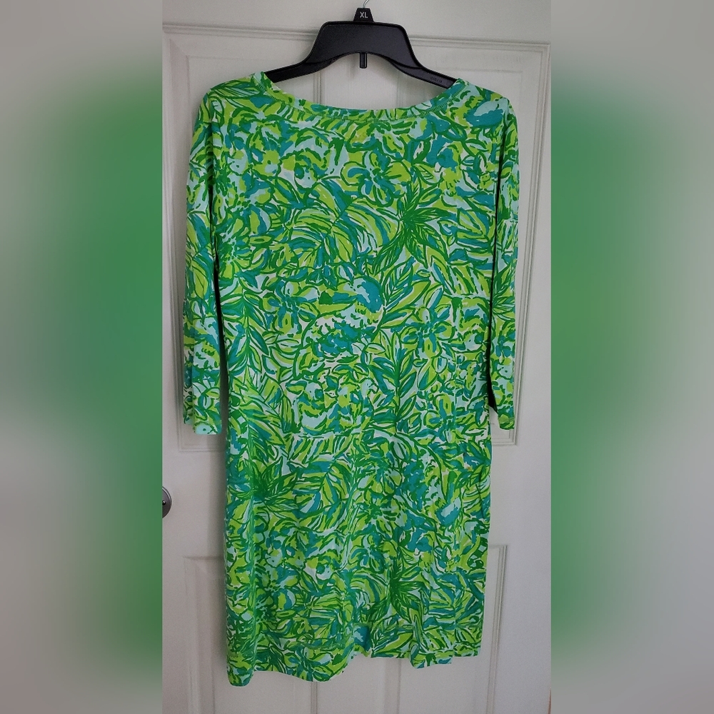 Lily Pulitzer Lime and Turquoise V-neck Pocket Shirt Dress. Size Medium - Picture 2 of 4